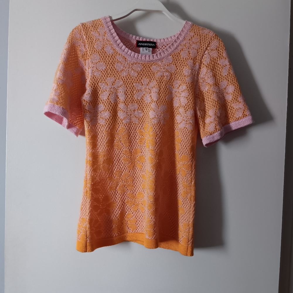ANDREEVA Luxury Handmade Orange and Pink Daisy Knit Crochet Cotton Sweater S